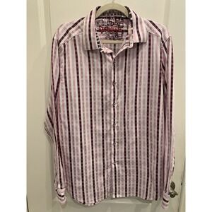 Robert Graham Pink Striped Button Up Shirt Mens Large 100% Cotton Embroidered‎